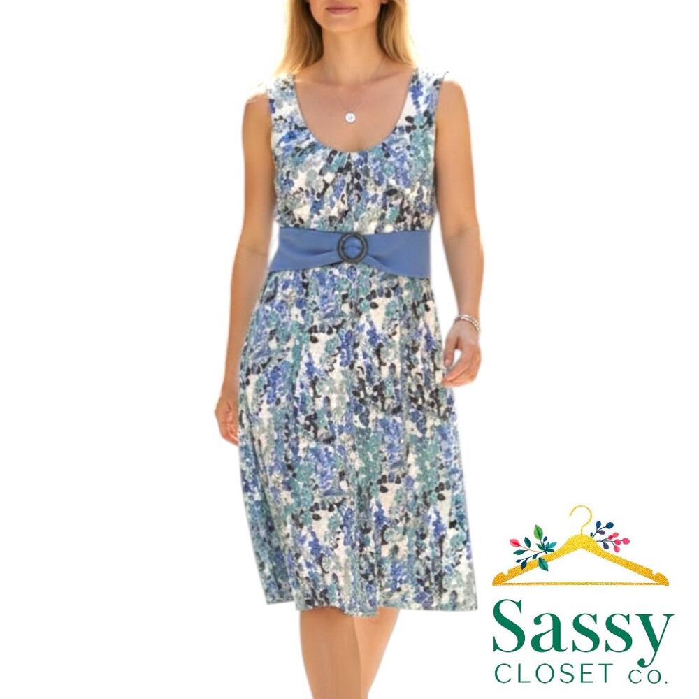 ✨ PERCEPTIONS Blue Green Abstract Belted Midi Dress M Short Sleeve EUC 👗